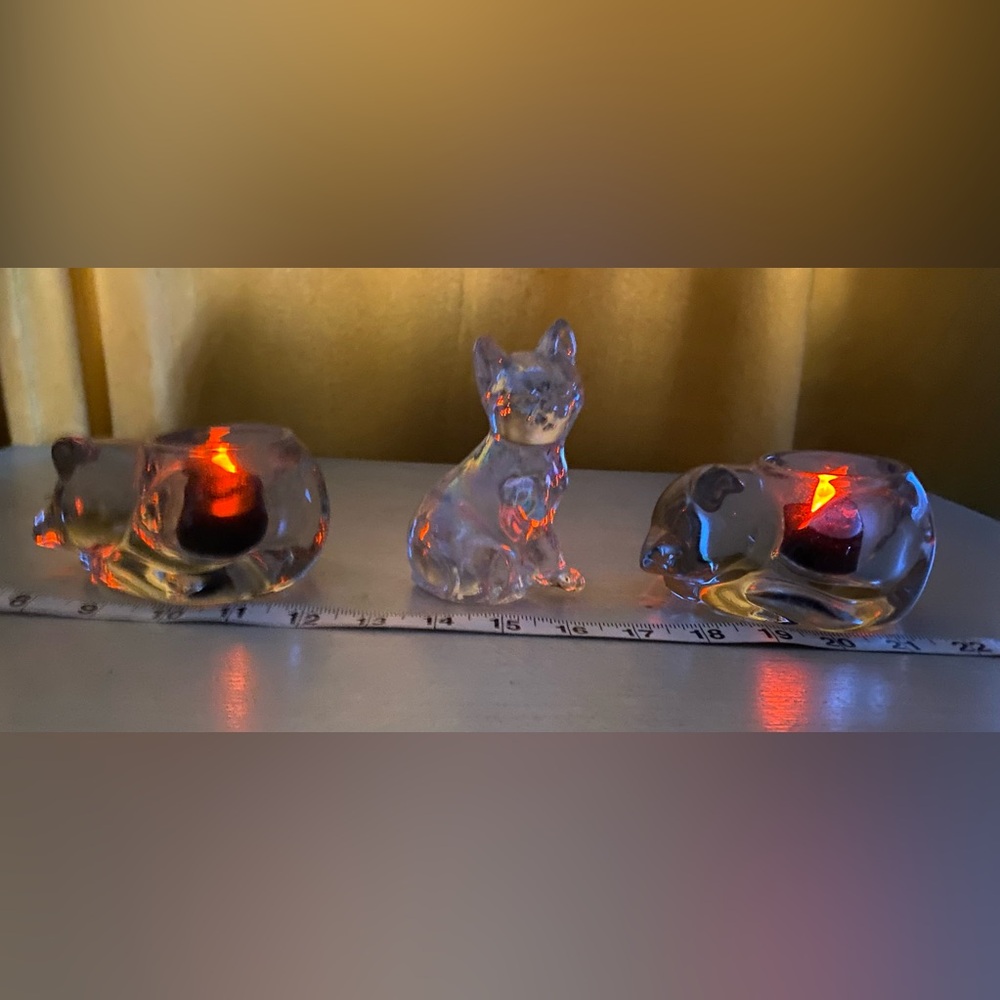 PERFECT Iridescent Glass Cat And 2 Glass Candle Holders Mo Chips Cracks or Flaws - Picture 9 of 10